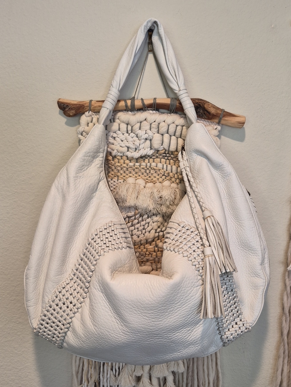 Ivory Leather Hobo Shoulder Bag Woven Knotted Leather Detail Zipper Closure